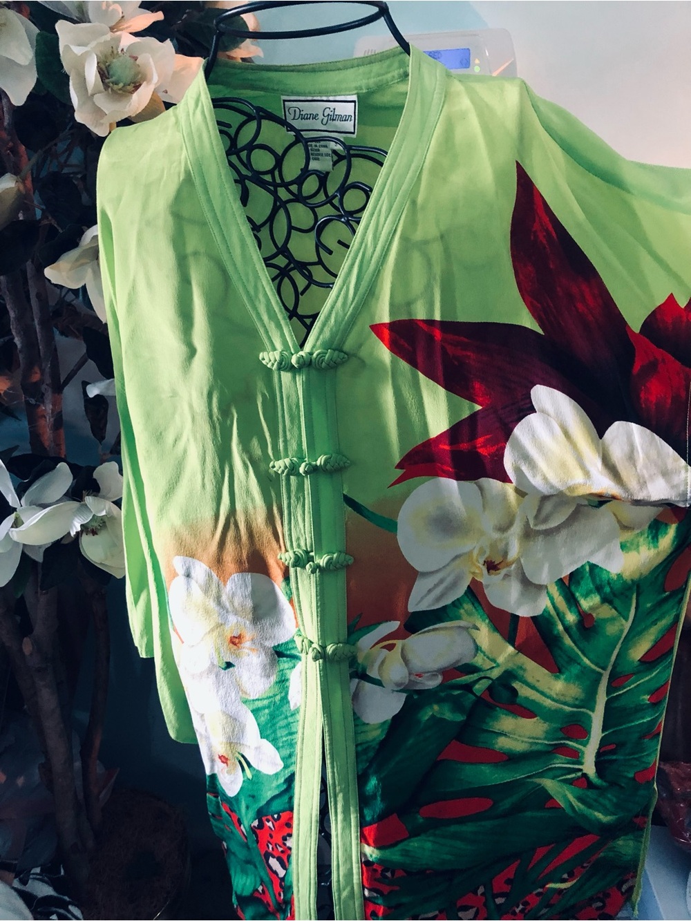 Diane Gilman Lime Green Floral Button-Front Tunic